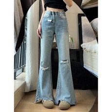 히또리 P0491 디스트로이드 밑단 언발 세미 부츠컷 데님팬츠