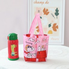 新款卡通可折叠可翻轉兩用雙杯台灣奶茶飮料杯袋外出奶瓶水杯提袋, 1個, 粉色史努比