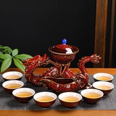 龍鳳呈祥旋轉自動茶具套裝 家用辦公室高檔懶人泡茶器 窯變茶杯, 1個, 龙凤呈祥红色, 龙凤呈祥红色