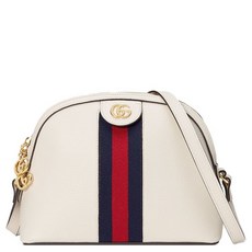 GUCCI 古馳 Ophidia 經典雙G牛皮紅藍紅織帶側背斜背包 貝殼包(白色)