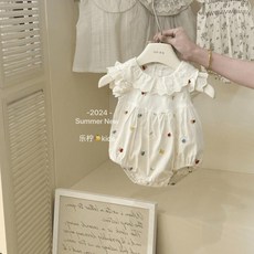 2024 夏季新款 奶油白花邊碎花女寶連體衣, 1個, 杏色,90