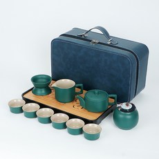 DIU 旅行茶具套裝茶盤家用功夫茶具戶外可攜式泡茶壺陶瓷商務禮品, 1個, 深水綠/龍啟壺茶具套裝:如圖
