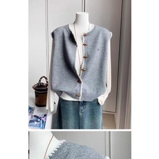 초봄 데일리 F57440 조끼 4컬러 니트 단추 배색 코디 떡볶이 간절기