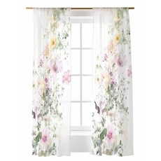 해외 Futuregrace 봄 꽃 세미 시어 커튼 길이 160cm63인치 풍경 멀티컬러 양귀비 잔디 아트 창문 트리트먼트 조명 필터 레트로 플로럴 로드 포켓 드레이프 거실 침실