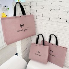 부직포 쇼핑백 선물 복장 손잡이 포장봉투 방수 빵곰, 25개, 핑크 리본