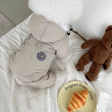 韓版連帽小狗狗四腳棉衣 鞦鼕季小型犬保暖服, 1個, 彌雅白 陞級可牽引 ,L 建議體重8-11斤
