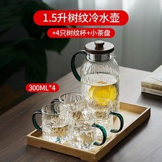 耐熱玻璃水壺 傢用玻璃壺 中式樹皮紋冷水壺水杯組, 樹紋涼水壺1500ML+4杯+小茶盤, 1個