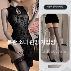블랙로즈 개량 망사 시스루 민소매 트임 원피스, 블랙 글로시 실크 양말
