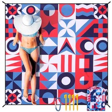 HIHOHO 해변 담요 방수 모래 방지 엑스트라 라지 비치 매트 200.7 x 210.8cm(79 x 83인치)/304.8 x 274.3cm(120 x 108인치) 1-8세 성, 79" X 83"（1~3 person）, 다채로운 기하학 - 빨간색과 파란색