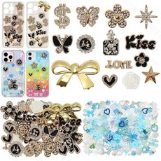 380피스 매직 정크 케이스 참 키트 펑크 빅 정크 폰 케이스 참 혼합 블루 플랫백 레진 하트 스타 보우 플라워 참 맞춤형 폰 케이스 DIY 공예, S2