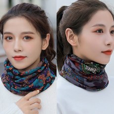 秋冬掛耳脖套 防風麵罩 保暖護頸 雙麵針織圍脖 騎行保暖【買一送一】圍脖冬季女網紅堆堆帽子保暖套頭護頸椎百變脖套圍巾, 【大板型】優雅藍花+黑底菊花【2條】, 1個