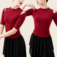 여성 라인댄스복 홀 티셔츠 라틴 스포츠댄스 발레복 모던댄스 사교댄스 탱고 상의, 긴팔, 레드