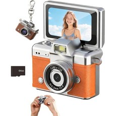 미니 디지털 카메라 열쇠고리 1.47인치 LCD 화면 1080P 2026년 신형 레트로 카메라 CCD 목걸이 포함 내장 플래시 64GB TF 카드 포함 여행 파티용 (오, 오렌지