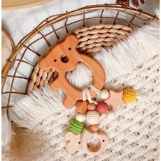 寶寶玩具E3D 亞馬遜森林動物牙膠玩具 搖鈴 嬰幼兒磨牙手搖鈴 安撫矽膠咬咬樂 串珠固齒器, 考拉款／串珠.飾款, 1個