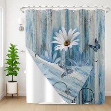 Nesphy 샤워 커튼 및 라이너 세트 수채화 플라워 세이지 그린 꽃 식물 라이너 양면 스테인리스 스틸 후크 욕실용 3-in-1 방수 원단 182.9 x 182.9cm(, 블루 러스틱 플로럴