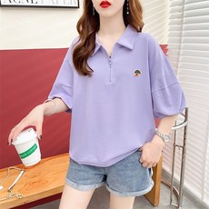 ROYALBELLE 여성 빅사이즈 반집업 카라넥 무지 데일리 맨투맨 루즈핏 반팔 티셔츠 캐주얼룩 K070507