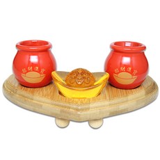 【168開運坊】供奉金雞貔貅專用供杯組 雙色孟宗竹底座 特贈元寶 招財進寶, 1套, 紅色