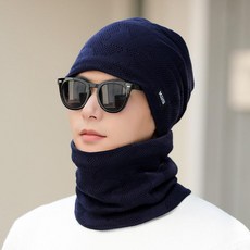 니트 방한모자 남녀공용 모자 보온 머플러 일체형 꽈배기, 1개, 37018-다크네이비