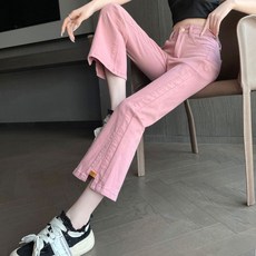 여성 핑크 부츠컷 데님 팬츠 봄 가을 하이웨스트 워싱 9부 나팔 청바지