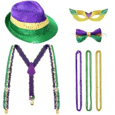 16피스 마디 그라 액세서리 세트 스팽글 페도라 모자 나비 넥타이 가장 무도회 마스크 멜빵 비즈 목걸이 남성용 코스튬 의상 카니발 파티
