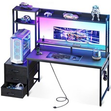 허치 및 3개의 패브릭 서랍이 있는 카사오티마 48인치 게이밍 책상 USB 포트 및 LED 조명이 있는 컴퓨터 책상 홈 오피스용 모니터 스탠드가 있는 리버서블 PC 게이머 테이, 55 inch, Black