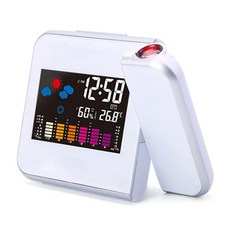 氣象投影時鐘 LCD彩屏180度旋轉電子鐘 天氣預報溫濕度鬧鐘, 白色