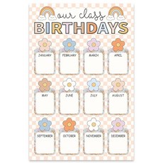 Whaline 생일 축하 차트 포스터 파스텔 보헤미안 꽃 생일 차트 달력 다채로운 격자 무늬 생일 재사용 가능한 포스터 장식 개학 게시판 칠판 벽 장식 27.9 x 41.9cm