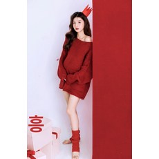 임산부 촬영 원피스 니트 드레스 크마스 신년 대형 레드 테마 셀프 사진 옷