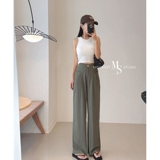 MISSWEET 自在高級寬版西裝褲，後鬆緊設計，附口袋，芥綠/白色可選