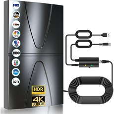 4500마일 이상 범위 TV 안테나 스마트 실내외용 360수신 디지털 안테나최강 앰프 포함 로컬 채널용 HDTV 및 모든 스마트구형 동축 케이블 지원 8K 4K 1080p, Black