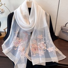 Anna*Sofia 桑蠶絲真絲羊毛混紡披肩絲巾圍巾 木槿漸層瓣 氣質米白