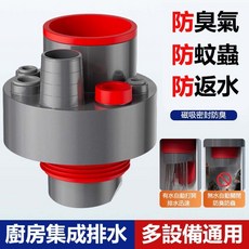 廚房多功能排水接頭 適用50/75PVC管, 【紅灰色】密封防臭-多功能防臭下水六通