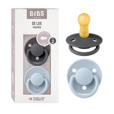 BIBS De Lux 아기 젖꼭지 2팩 | 덴마크산 | BPA 프리 더미 수더 둥근 젖꼭지 천연 고무 라텍스 사이즈 1 (0-6개월) 코랄 / 루비, 2 Count (Pack of 1), Iron/Baby Blue