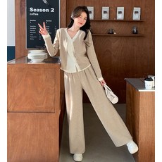 V領休閒針織衫長褲套裝 寬鬆兩件式設計 卡其色 黑色