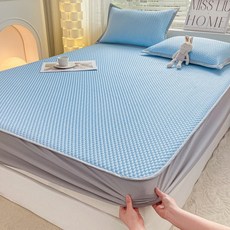 夏季涼感冰絲涼蓆三件套夏天摺疊席空調軟席子兩件套可水洗, 紺宇藍-牀笠款