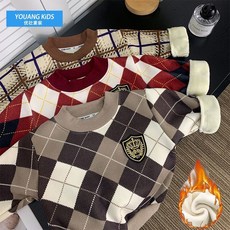 兒童秋冬加絨衛衣新款寶寶保暖針織毛衣男女童圓領套頭徽章打底衫