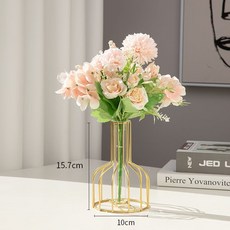 台灣熱銷 客廳假花仿真花塑料花擺件ins客廳酒櫃餐桌房間鬱金香插花裝飾品, 金色水培花瓶+粉色牡丹, 1個