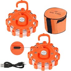 Vancle USB C 충전식 LED 4팩 마그네틱 키트 안전 디스크 비상 베이스 조명 도로변 보트용 신호 스트로브 자동차 트럭 경고 플래시 도로 건설 차량 플레어 교통, Orange, 2 Pack