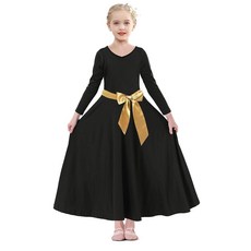 ELLYDOOR 여아용 긴소매 브이넥 찬양 댄스 드레스 웨이브 허리 라인 예배 교회 코스튬 리리컬 댄스웨어 2305그린 7-8세 133307