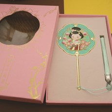 国风桃花镜手持化妆镜随身故宫文创小镜子圆形仕女镜送人伴手礼, 1個, 宫装仕女镜-青绿:如圖所示