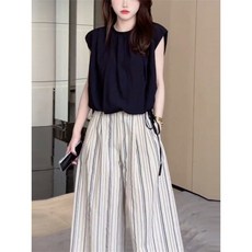 大尺碼套裝 氣質條紋印花休閒褲套裝 S-8XL 夏季新款韓系兩件套