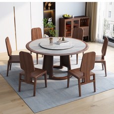 黑衚桃木實木圓形餐桌椅組閤，現代簡約設計，帶巖闆轉盤，全實木家用飯桌，客廳餐廳適用, 1.38米單桌+8椅（送轉盤)