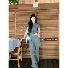 KUMIKUMI 夏季設計感灰色短袖T恤與高腰長褲運動套裝女休閒時尚兩件式