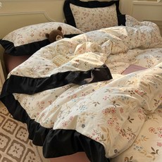 荷葉邊碎花床包四件套 雙人/特大床包被套組, 赫本風-山花爛漫,單人加大【1床包+1被套+1枕頭套】