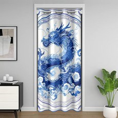 중국 용 문 커튼 패널 1개 너비 86.4cm(34인치) x 길이 203.2cm(80인치) 전통 빈티지 동물 농가 스타일 도어 드레이프 옷장 거실 침실 장식 러스틱 블루