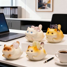 Sunwer [고양이 풍수] 복돌이 금전수 장식품 크리스탈 감성 소품 재물운 사업운 집들이 선물 사무실 책상 데스크 소품, 수정 고양이 4PCS