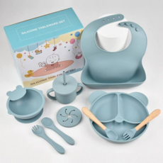 이유식기 실리콘 올인원 유아동식기 세트, 1세트, 9종, 회색파란색