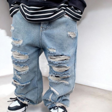 유 아동 남아 찢청 찢어진 청바지 빈티지 데님 팬츠