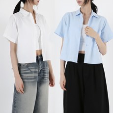 오버나인 여자 여성 크롭반팔 코튼 옥스포드 여름 셔츠