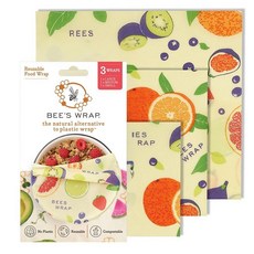 Bee's Wrap 비건 밀랍 랩 - 다양한 밀랍 랩 3팩 - 소형 중형 및 대형 랩 - 플라스틱 프리 미국산 재사용 가능한 천연 식품 랩 - 메도우 매직 프린트, 3 Pack (Fresh Fruit)